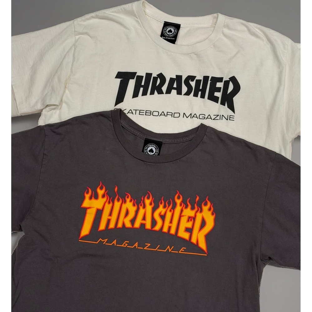 2 Thrasher Magazine T- Shirt Skate Flames Mens Size L Y2K Streetwear White Gray